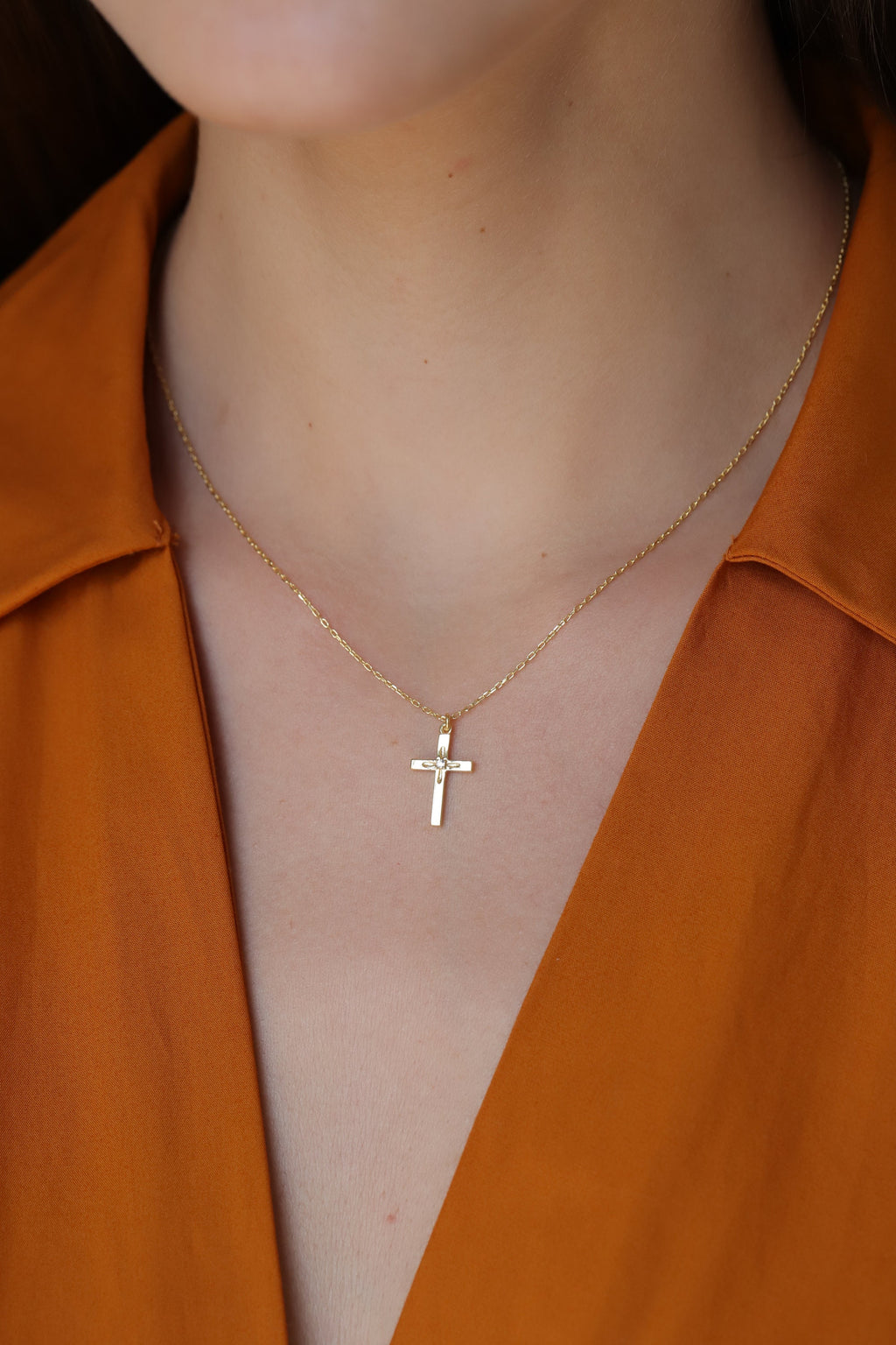 14K Gold Diamond Cross Necklace, Solitaire Center Stone Cross Pendant, Classic Faith Charm, Gift for Her