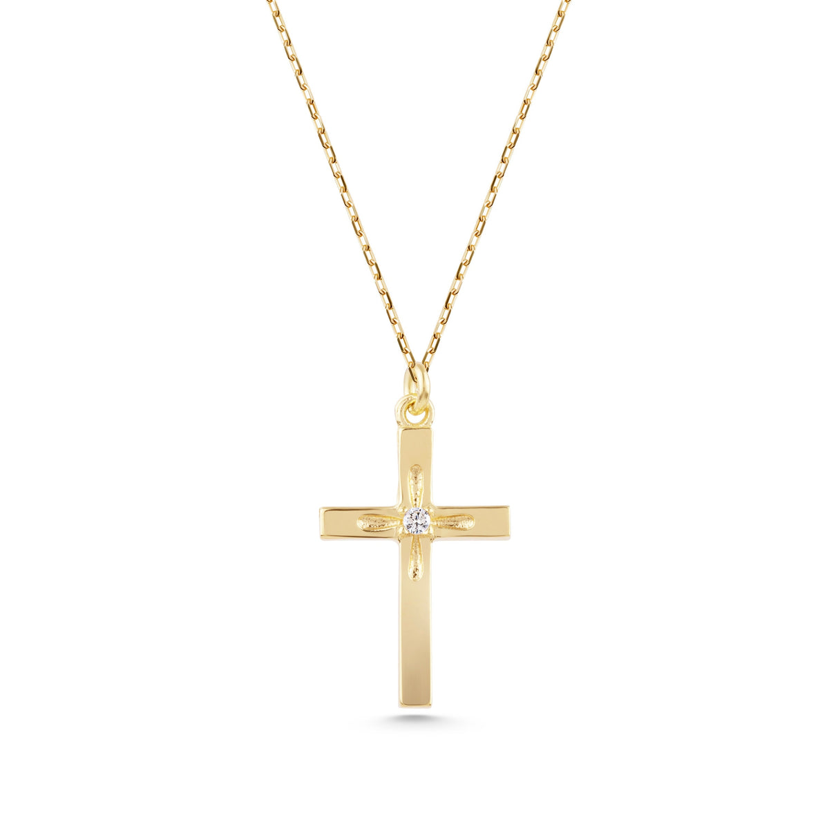 14K Gold Diamond Cross Necklace, Solitaire Center Stone Cross Pendant, Classic Faith Charm, Gift for Her