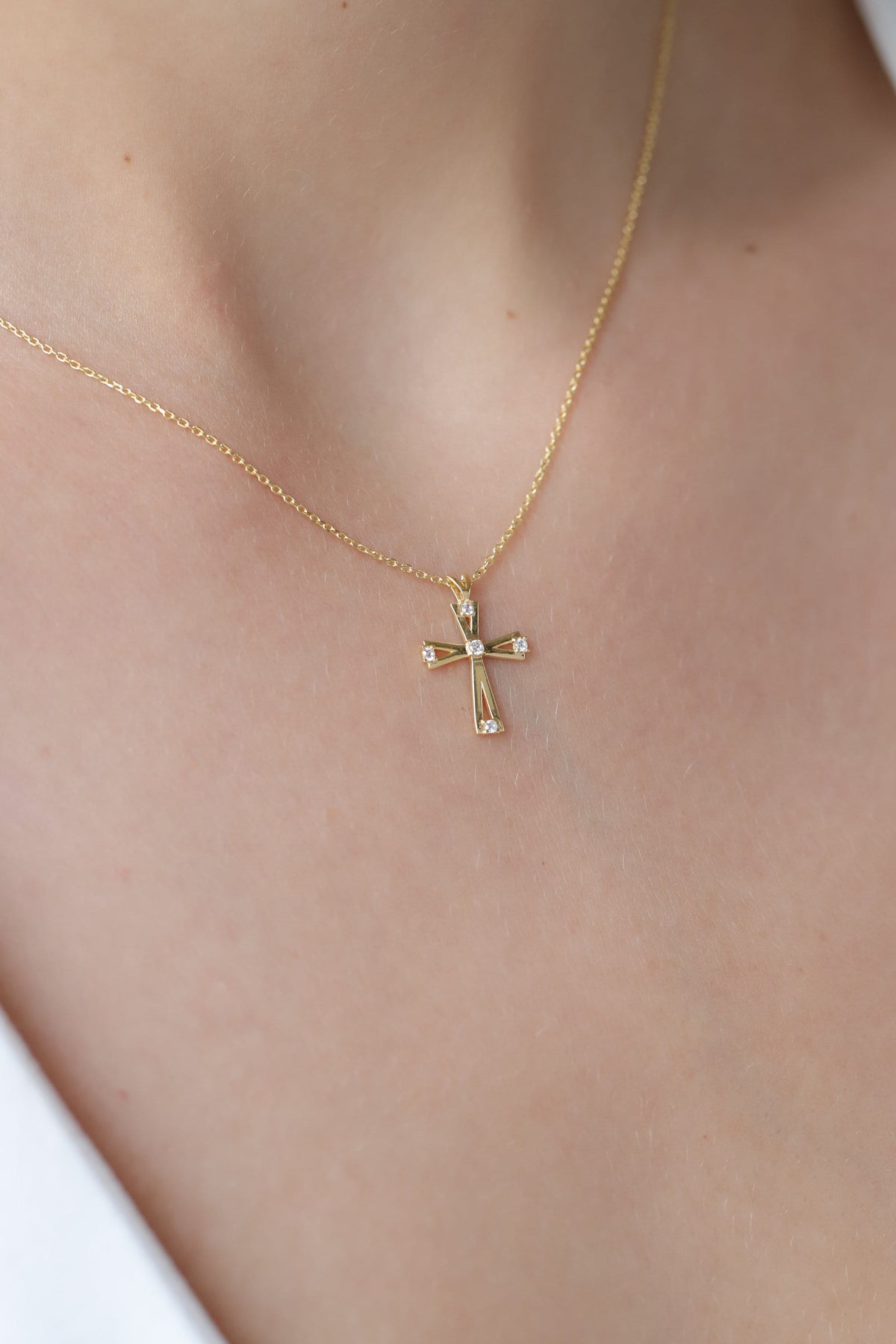 14K Gold Open Lab Diamond Cross Necklace, Prong Set Cross Pendant, Modern Faith Charm, Gift for Her