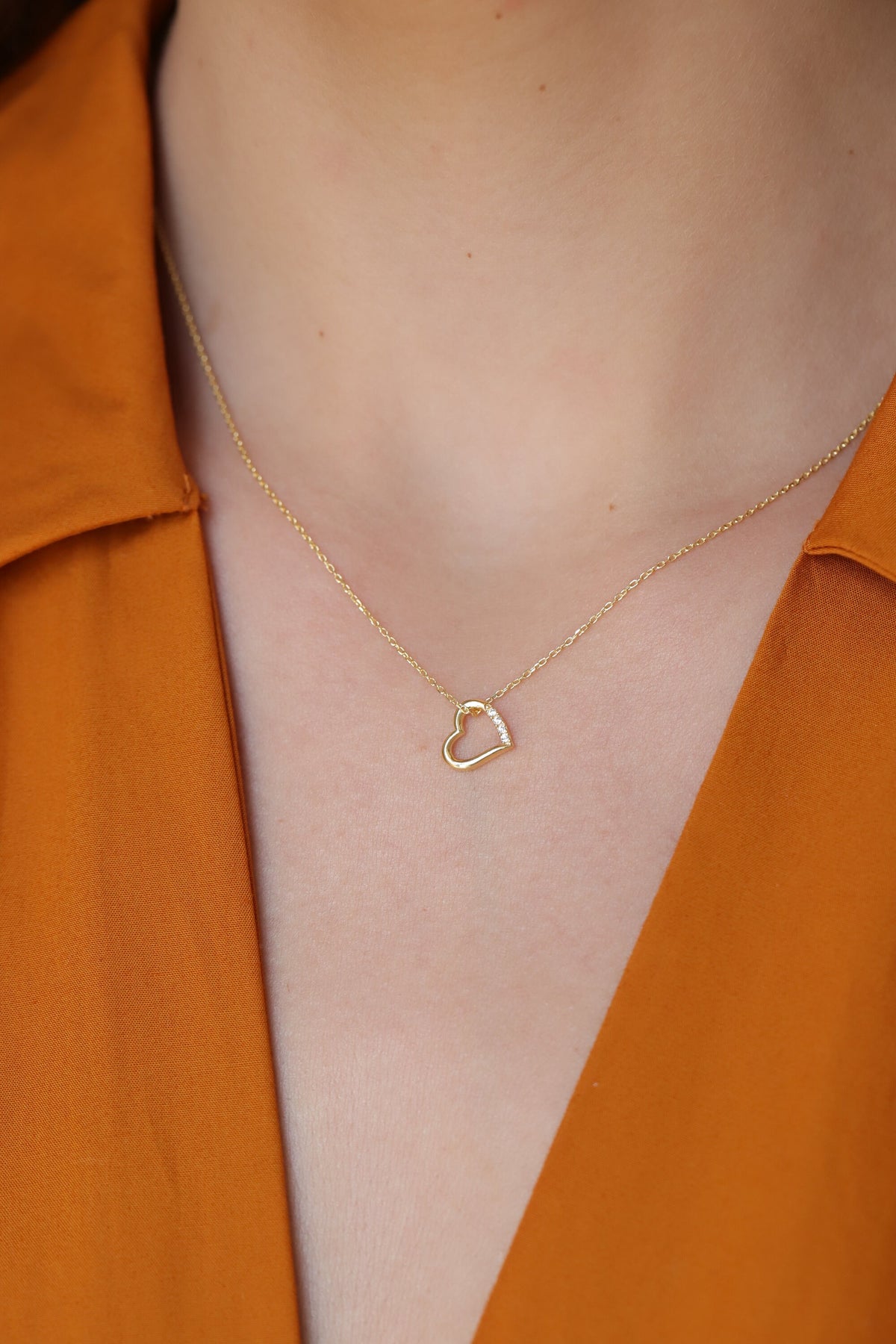 14K Gold Open Heart Necklace, Lab Diamond Accent Heart Pendant, Sideways Heart Charm, Gift for Her