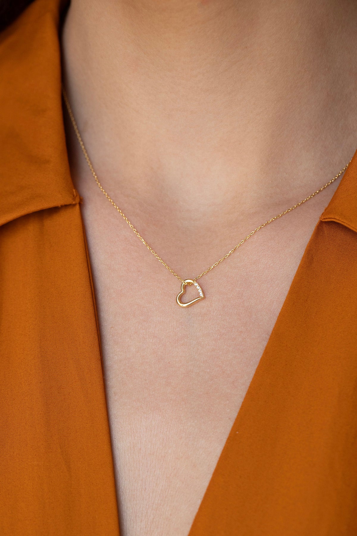 14K Gold Open Heart Necklace, Lab Diamond Accent Heart Pendant, Sideways Heart Charm, Gift for Her