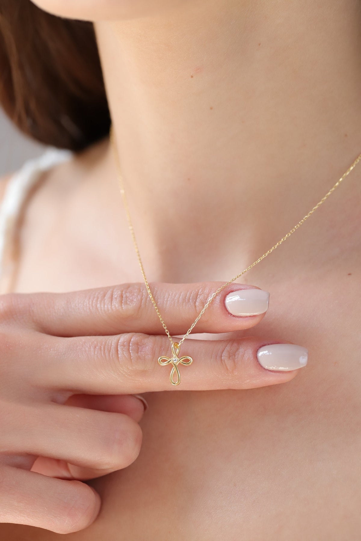 14K Gold Loop Cross Necklace, Diamond Center Swirl Cross Pendant, Elegant Faith Charm, Gift for Her