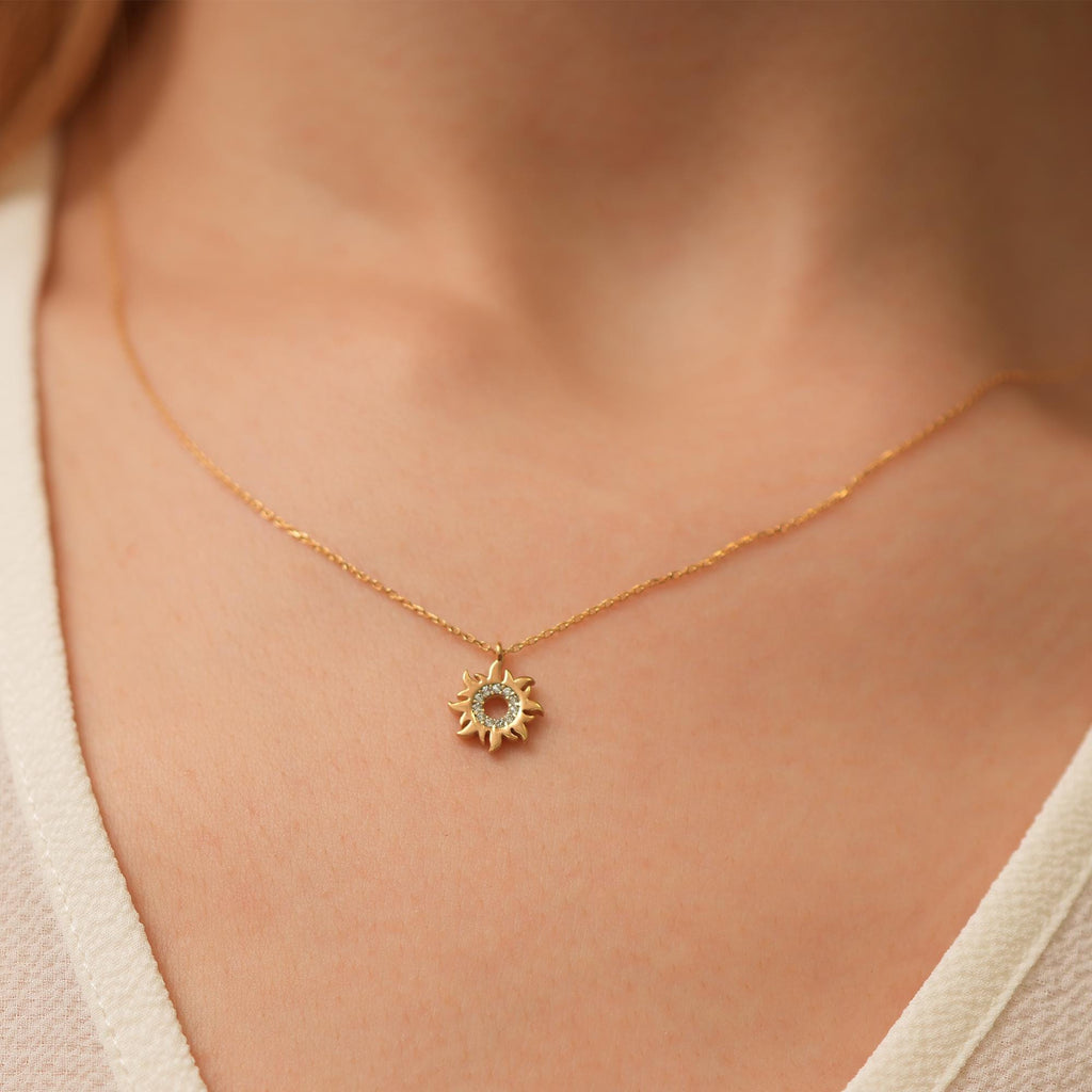 14K Gold Lab Diamond Sun Necklace, Pave Sunburst Pendant, Sparkling Celestial Charm, Gift for Her