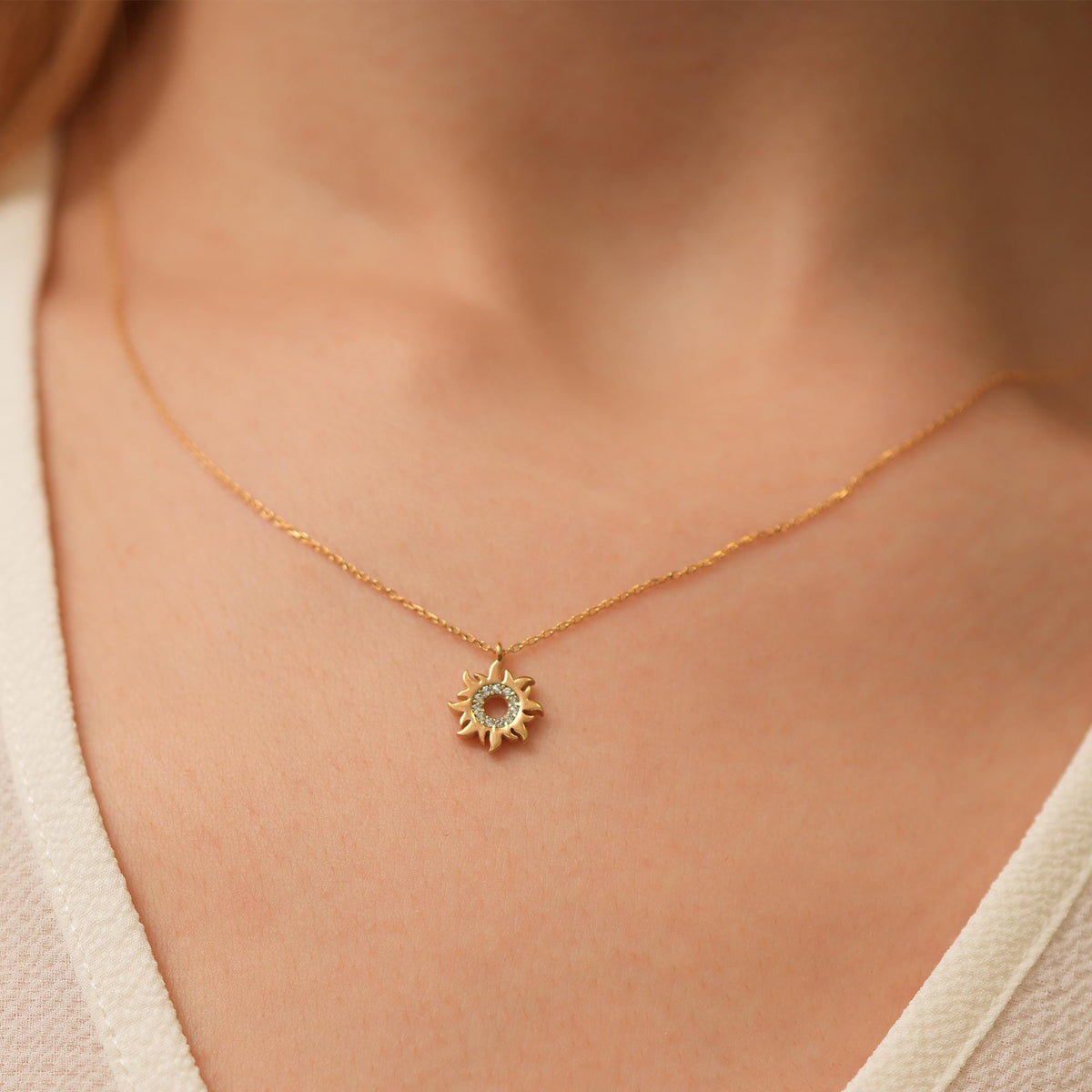 14K Gold Lab Diamond Sun Necklace, Pave Sunburst Pendant, Sparkling Celestial Charm, Gift for Her