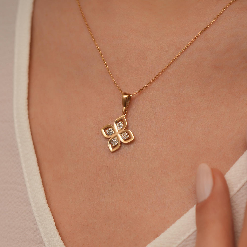 14K Gold Lab Diamond Flower Necklace, Four Petal Clover Pendant, Sparkling Floral Charm, Gift for Her