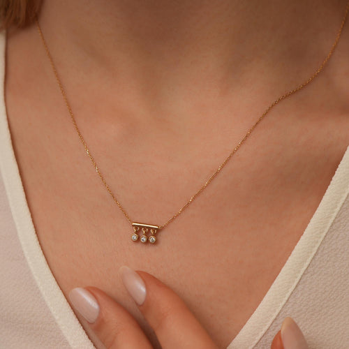 14K Gold Bar Necklace with Lab Diamond Drops, Triple Dangle Diamond Charm, Modern Bezel Set Pendant, Gift for Her