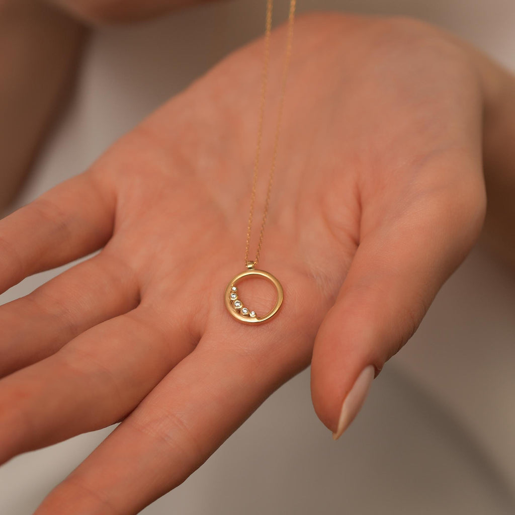 14K Gold Open Circle Necklace, Graduated Lab Diamond Ring Pendant, Journey Circle Charm, Gift for Her