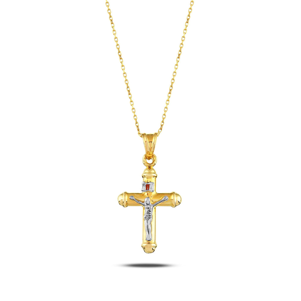 14K Two Tone Gold Crucifix Necklace, Silver Corpus INRI Cross Pendant, Traditional Catholic Charm, Faith Gift