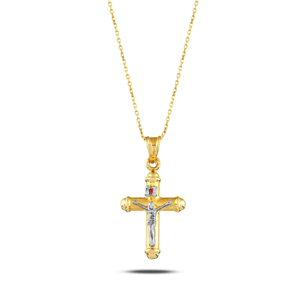 14K Two Tone Gold Crucifix Necklace, Silver Corpus INRI Cross Pendant, Traditional Catholic Charm, Faith Gift