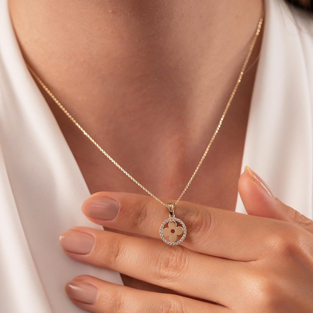14K Gold Clover Halo Necklace, CZ Circle Frame Four Leaf Pendant, Polished Clover Charm, Gift for Her