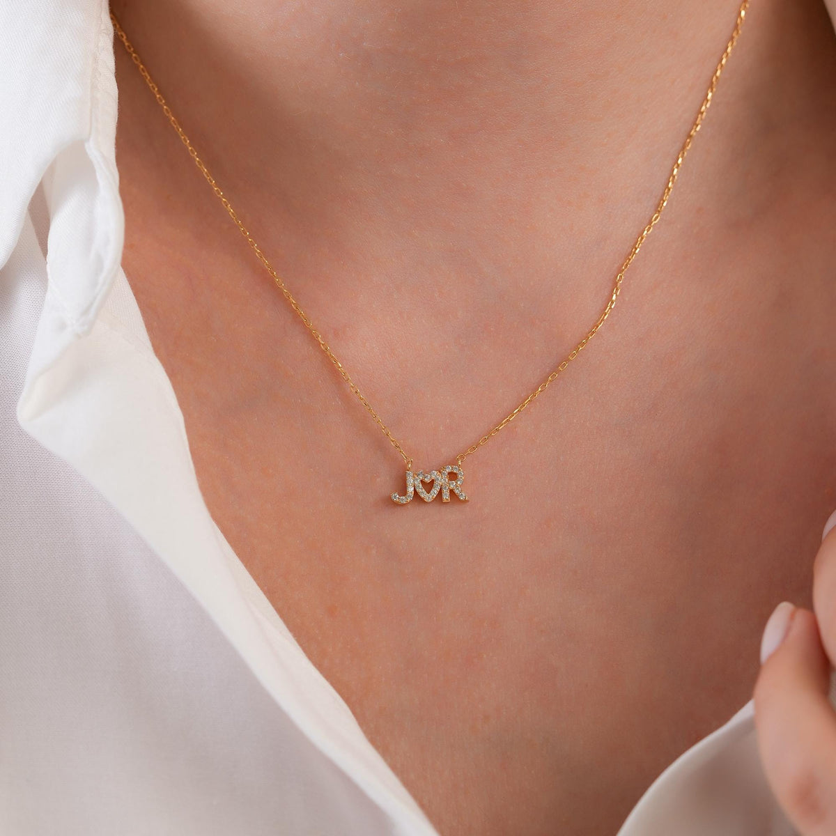 14K Gold Custom Initial Necklace, Lab Diamond Letter Heart Pendant, Personalized Couple Necklace, Gift for Her