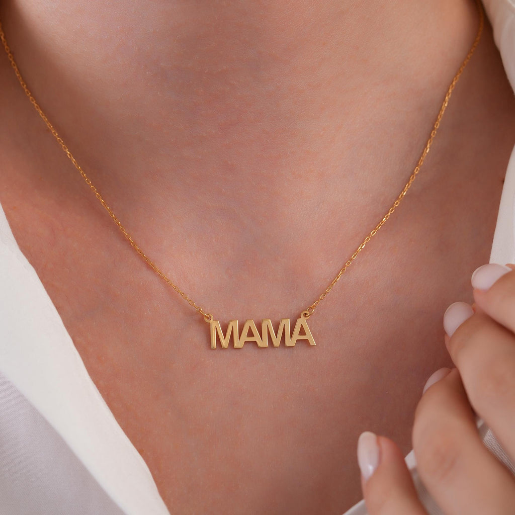 14K Gold Mama Necklace, Solid Gold Nameplate Pendant, New Mom Gift, Mother's Day Jewelry Gift