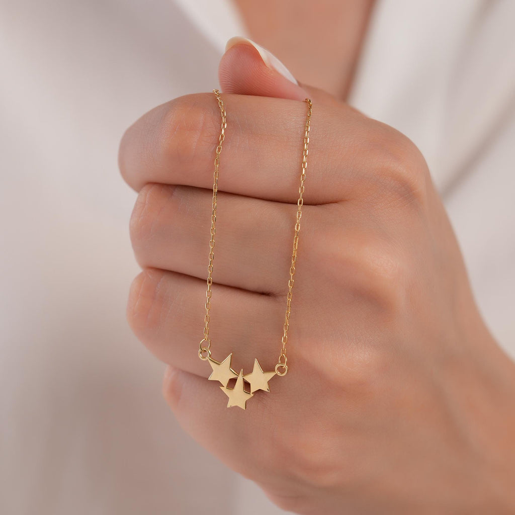 14K Gold Triple Star Necklace, Celestial Star Cluster Pendant, Dainty Minimalist Charm, Gift for Her