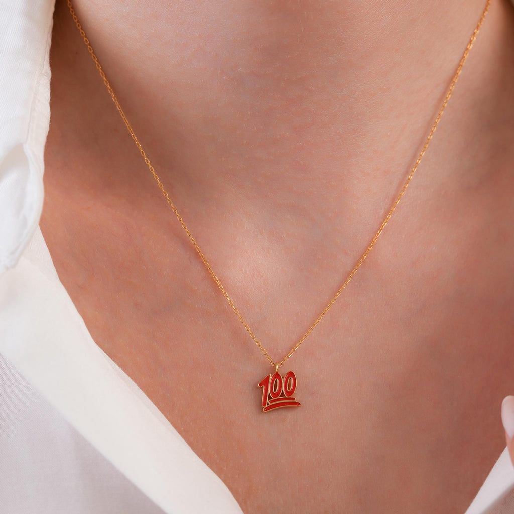 14K Gold 100 Emoji Necklace, Red Enamel Pendant, Trendy Hip Hop Jewelry, Fun Gift for Her Teen