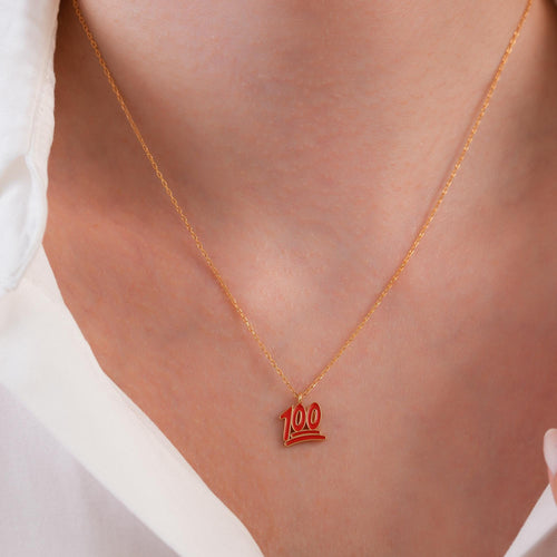 14K Gold 100 Emoji Necklace, Red Enamel Pendant, Trendy Hip Hop Jewelry, Fun Gift for Her Teen