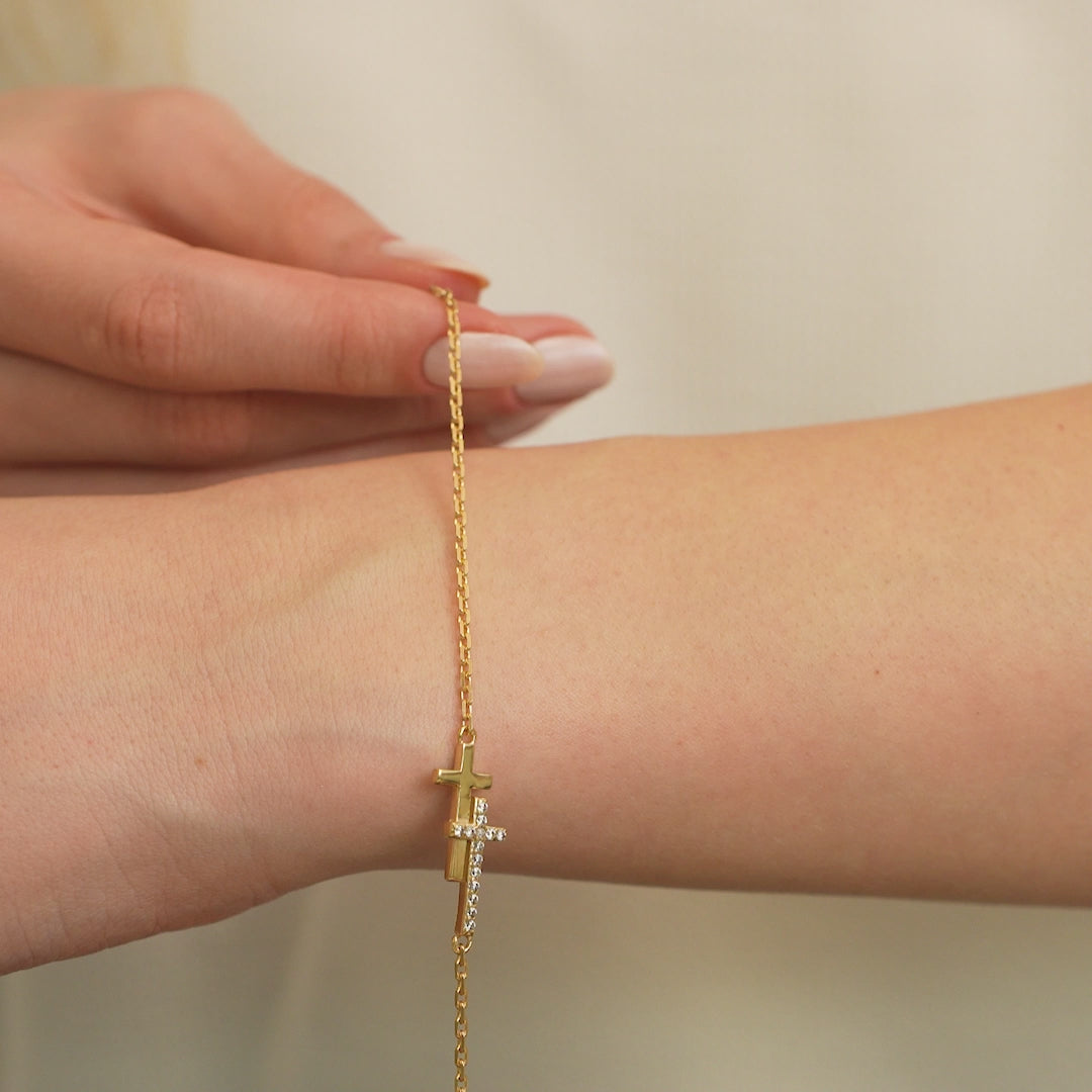 14K Gold Double Cross Bracelet, Pave Lab Diamond Layered Cross Chain Bracelet, Modern Faith Jewelry, Gift for Her