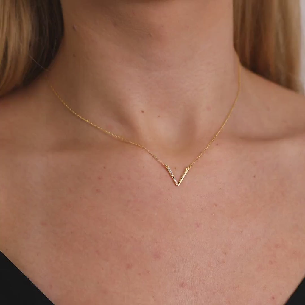 18K Gold Vermeil Diamond Necklace, Initial V Necklace, Zircon Letter Pendant, Dainty Personalized Necklace, Gift for Her