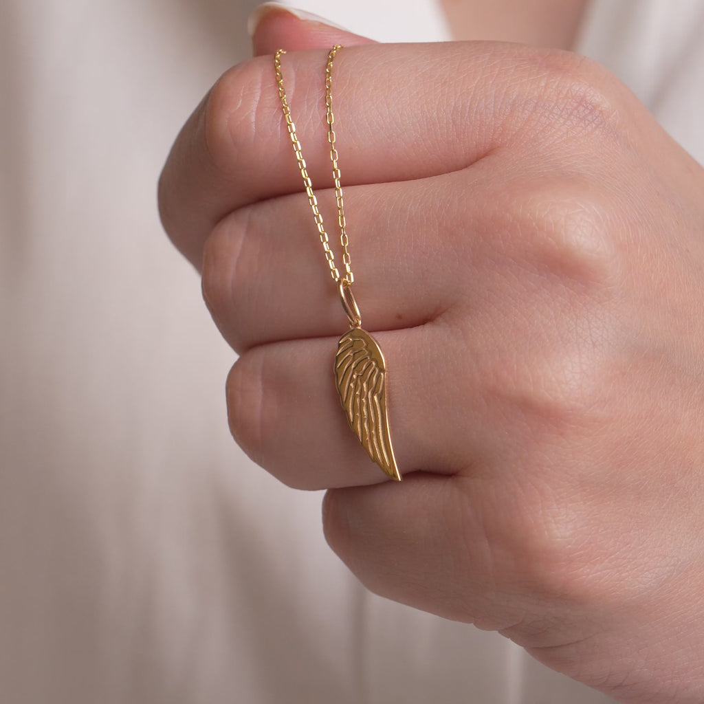 14K Gold Angel Wing Charm, Detailed Feather Pendant, Spiritual Memorial Jewelry, Symbolic Wing Charm, Gift for Her