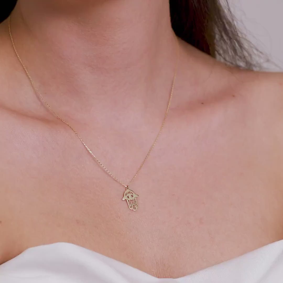14K Gold Hamsa Necklace, Engraved Evil Eye Hand Pendant, Fatima's Hand Charm, Protection Jewelry, Gift for Her