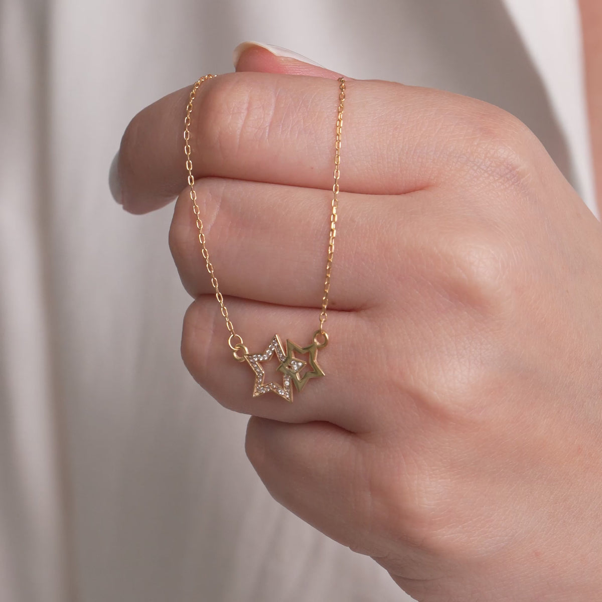 14K Gold Double Star Necklace, Lab Diamond Star Cluster Pendant, Celestial Charm, Gift for Her