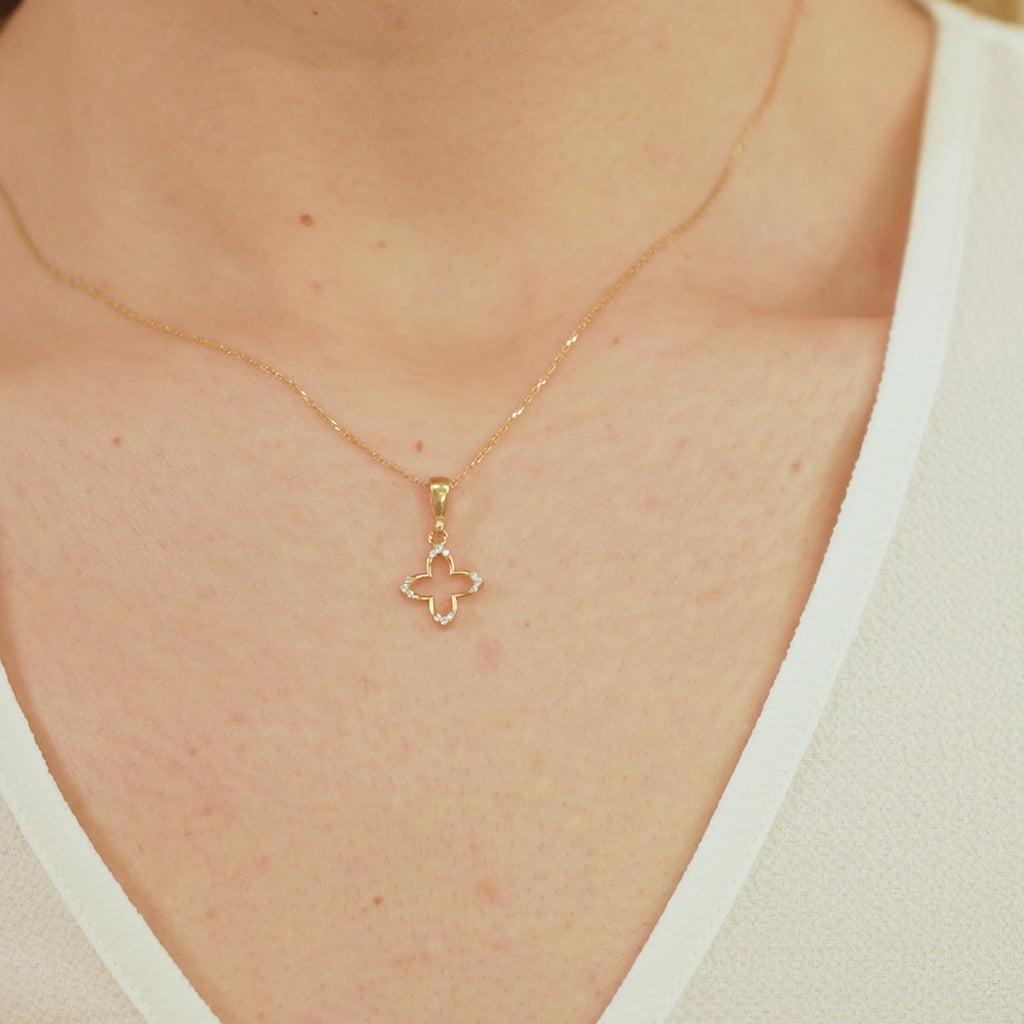 14K Gold Open Clover Necklace, Lab Diamond Accent Four Petal Pendant, Delicate Floral Charm, Gift for Her
