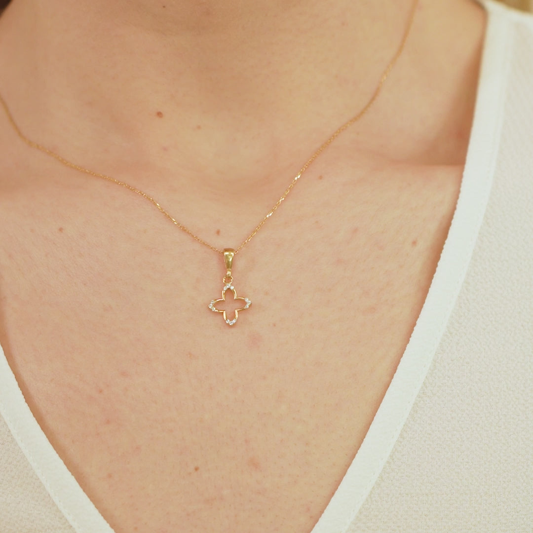 14K Gold Open Clover Necklace, Lab Diamond Accent Four Petal Pendant, Delicate Floral Charm, Gift for Her