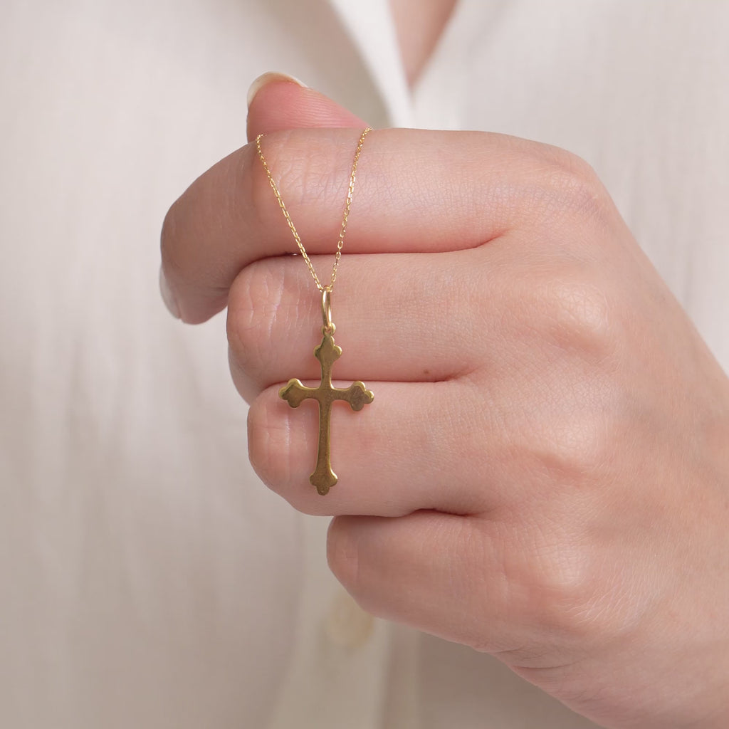 14K Solid Gold Budded Cross Charm, Trefoil Cross Pendant, Orthodox Style Faith Charm, Baptism Confirmation Gift, Gift for Her