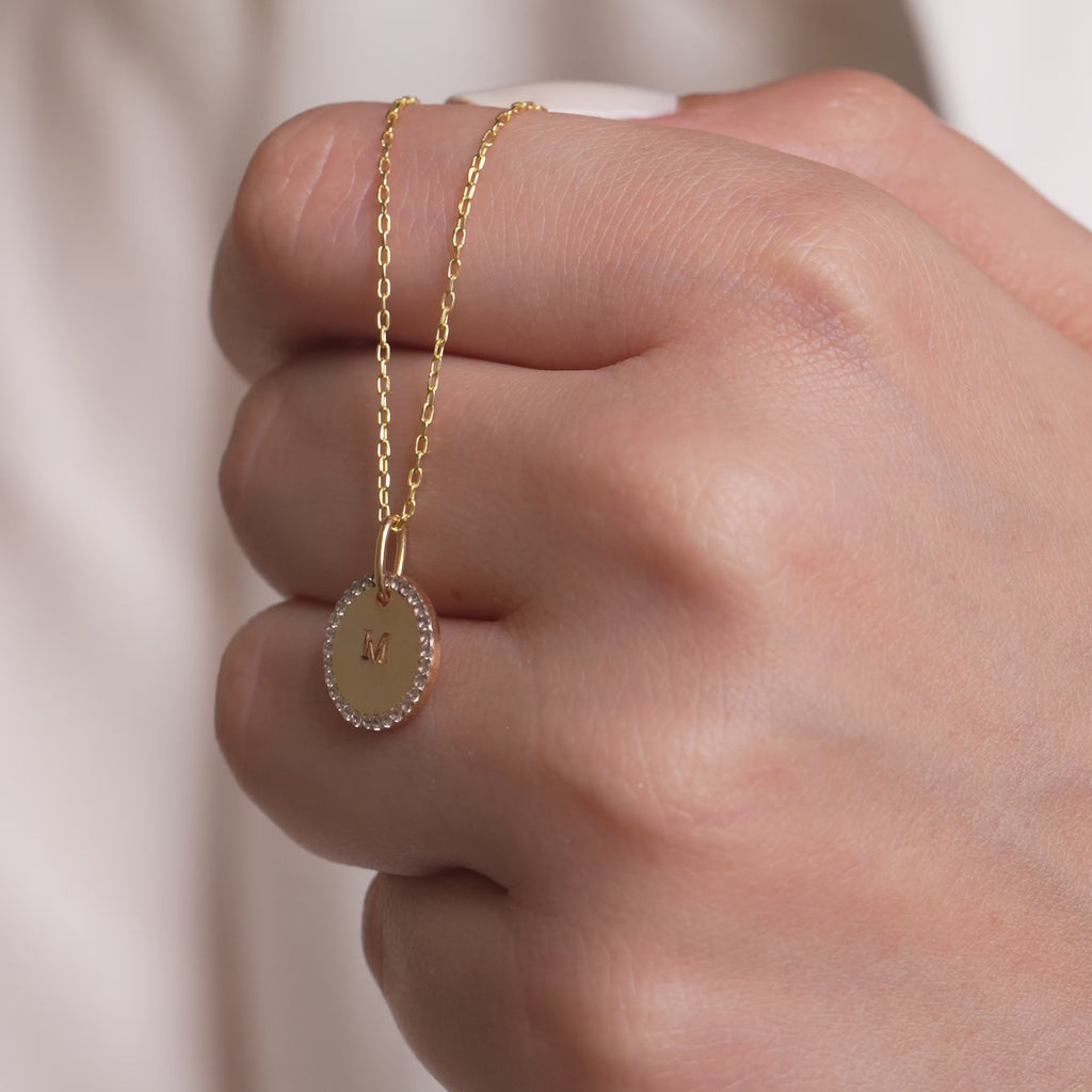 14K Gold Initial Disc Charm, Pave Lab Diamond Halo Letter Coin Pendant, Personalized Alphabet Charm A-Z, Engraved Medallion Jewelry
