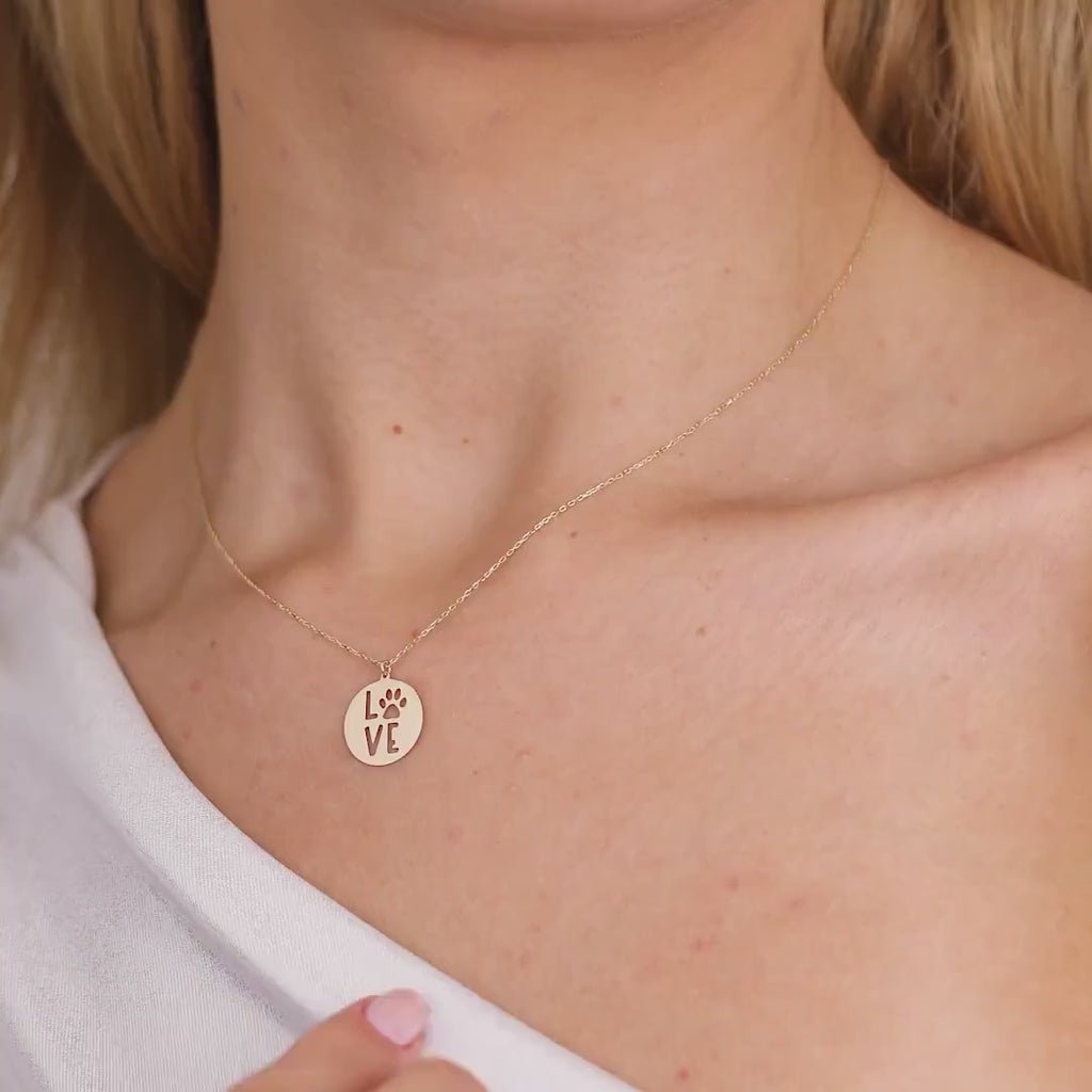14K Gold Dog Paw Love Necklace, Pet Lover Coin Pendant, Cut Out Paw Print Charm, Dog Mom Gift, Gift for Her