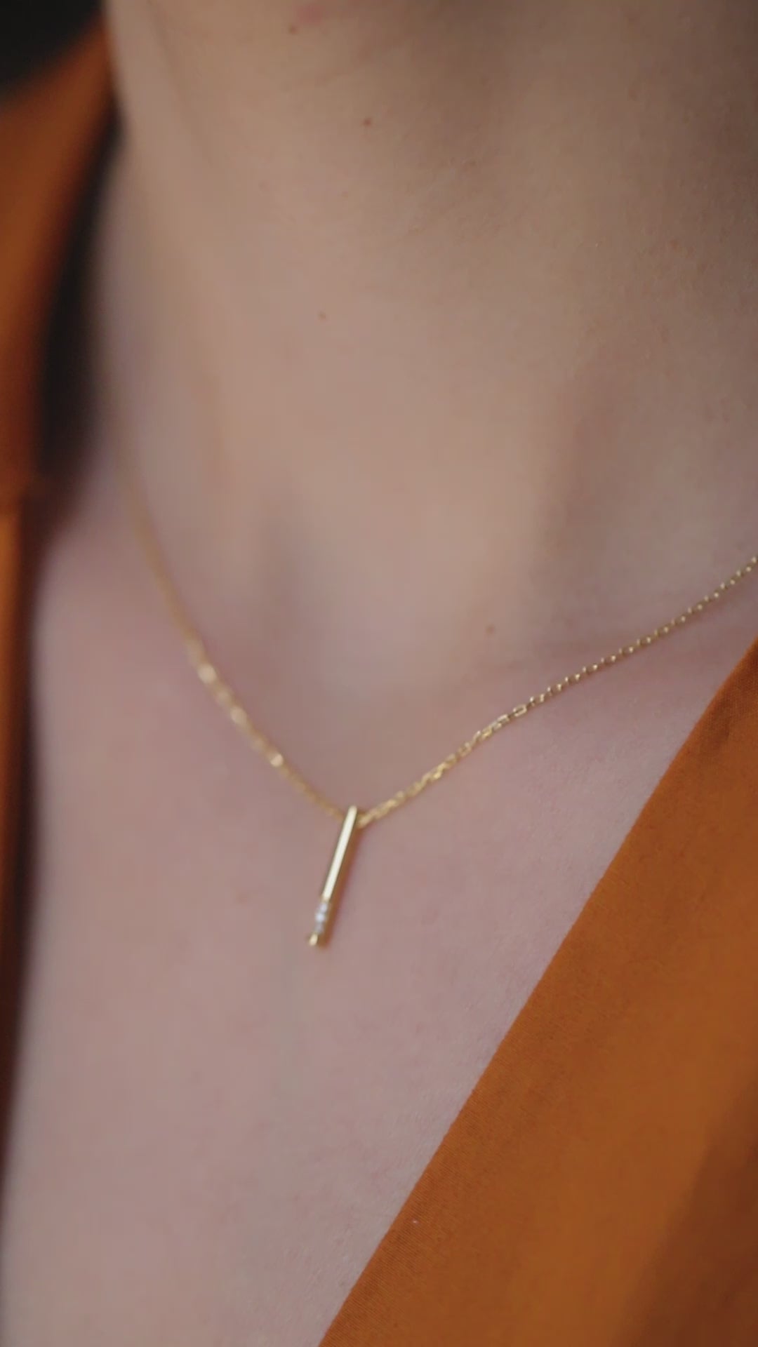 14K Gold Vertical Bar Necklace, Diamond Accent Drop Pendant, Minimalist Stick Charm, Gift for Her