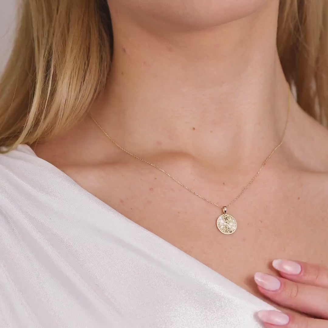 14K Gold Floral Coin Necklace, Diamond Cut Filigree Medallion Pendant, Dainty Round Disc, Boho Gift for Her