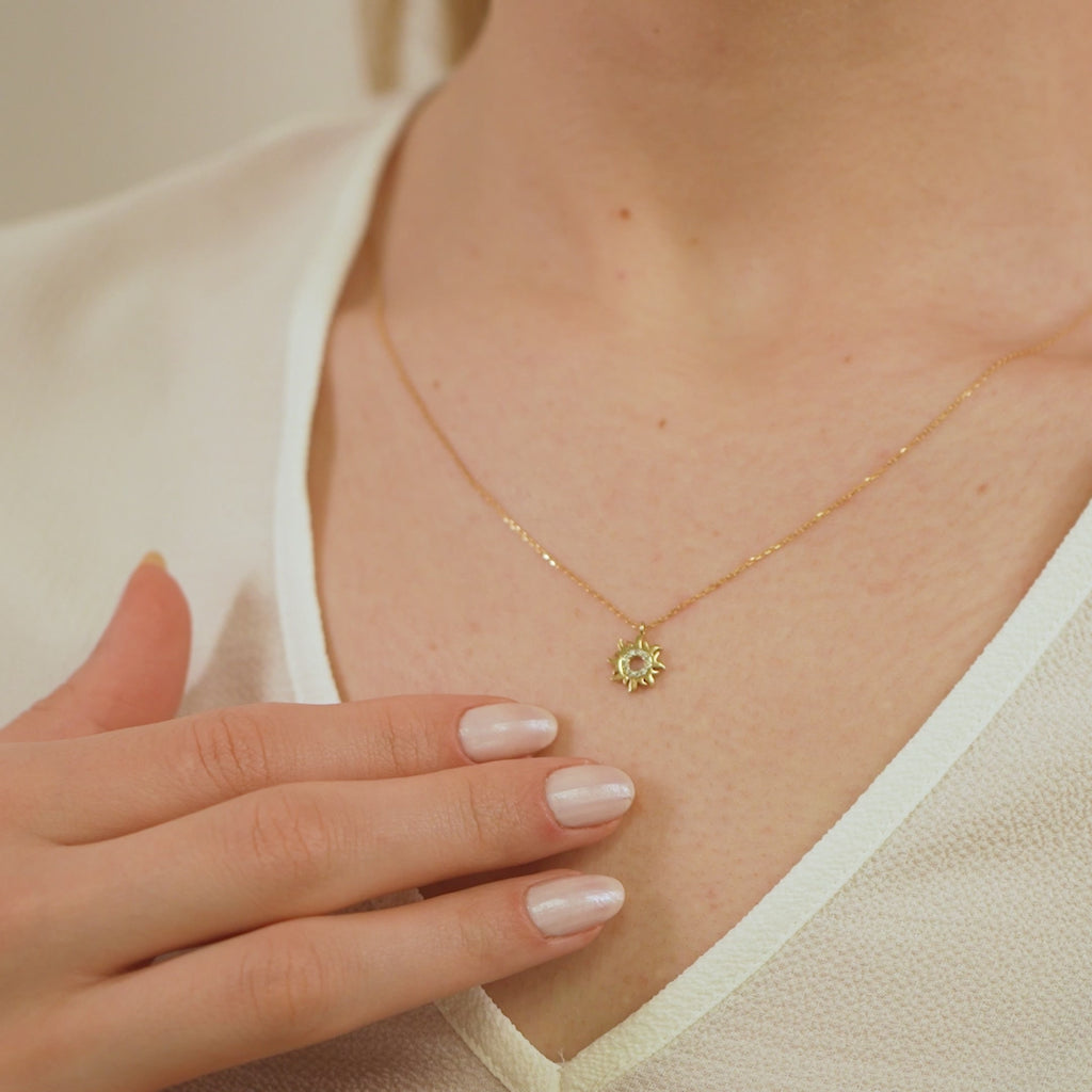 14K Gold Lab Diamond Sun Necklace, Pave Sunburst Pendant, Sparkling Celestial Charm, Gift for Her