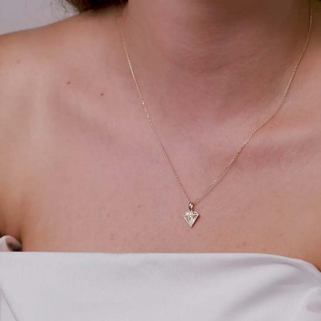 14K Gold Diamond Shape Necklace, Diamond Cut Geometric Pendant, Dainty Faceted Charm, Modern Jewelry, Gift for Her