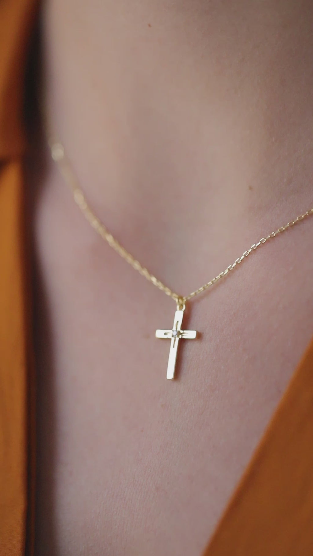 14K Gold Diamond Cross Necklace, Solitaire Center Stone Cross Pendant, Classic Faith Charm, Gift for Her