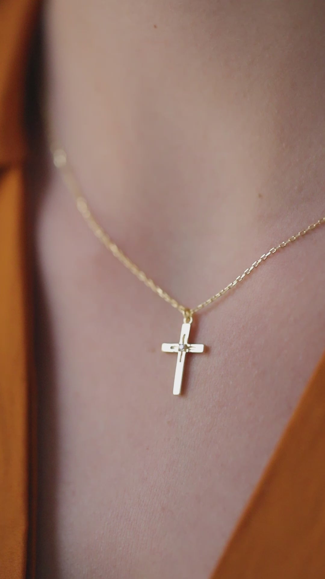 14K Gold Diamond Cross Necklace, Solitaire Center Stone Cross Pendant, Classic Faith Charm, Gift for Her