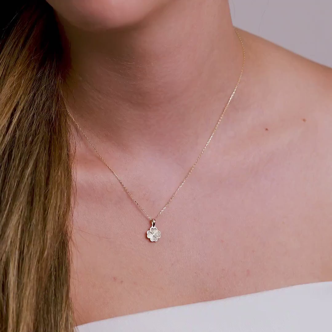 14K Gold Four Leaf Clover Necklace, Diamond Cut Lucky Clover Pendant, Dainty Charm, Good Luck Gift for Her