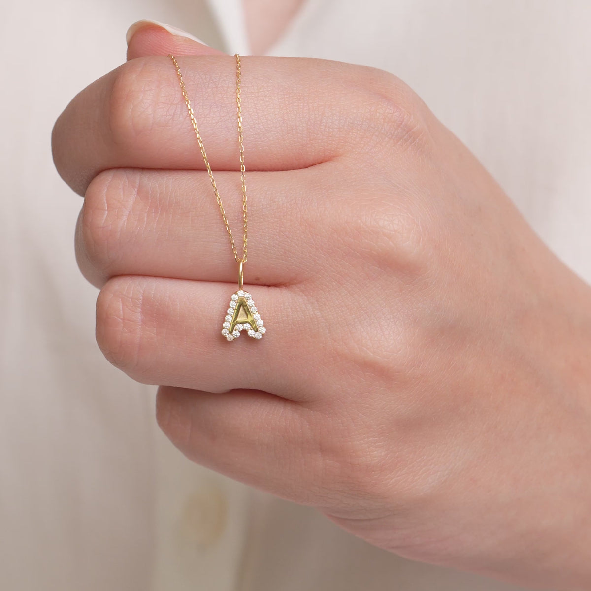 14K Gold Bubble Letter Charm, Pave Lab Diamond Halo Initial Pendant, Personalized Alphabet Charm A-Z, Chunky Letter Jewelry, Gift for Her