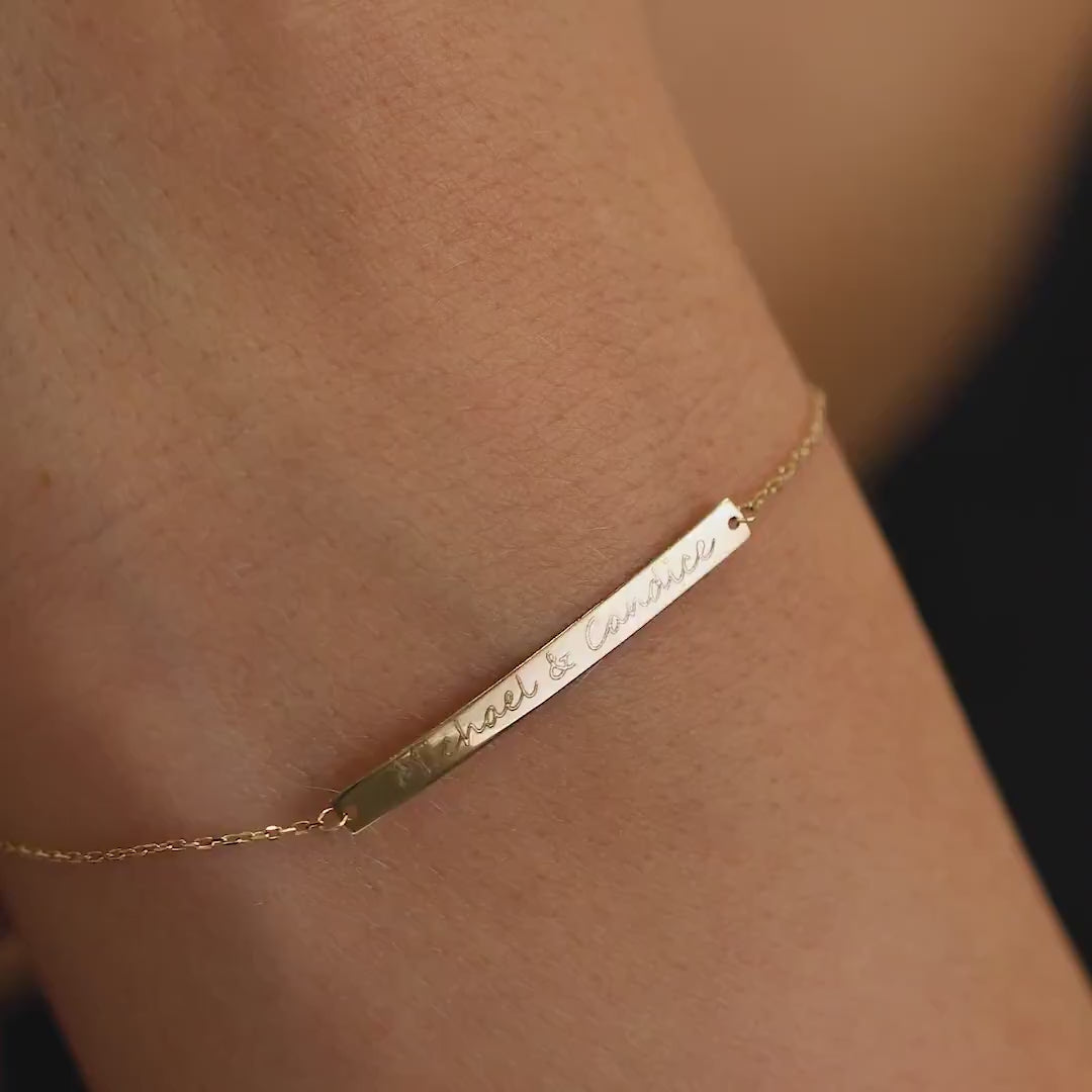 14K Gold Custom Name Bar Bracelet, Engraved Couples Bracelet, Personalized Text Chain Bracelet, Meaningful Gift for Her