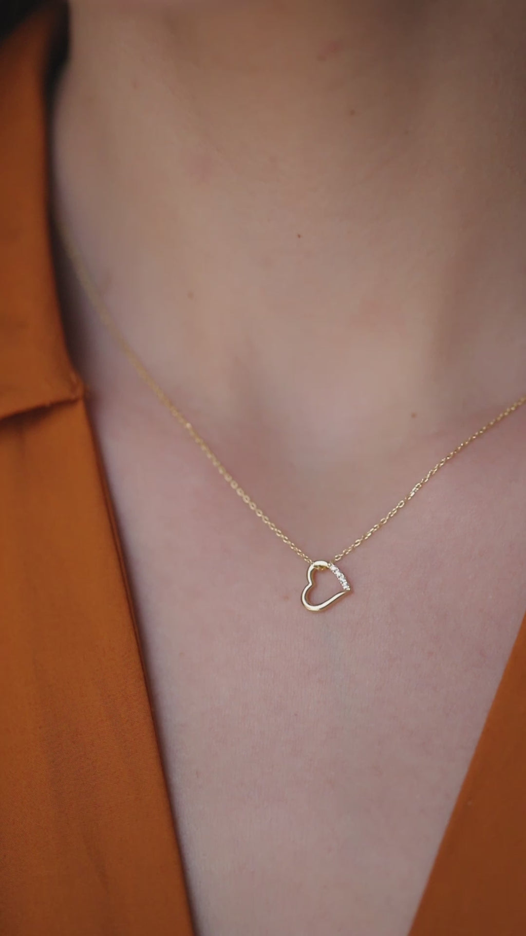 14K Gold Open Heart Necklace, Lab Diamond Accent Heart Pendant, Sideways Heart Charm, Gift for Her