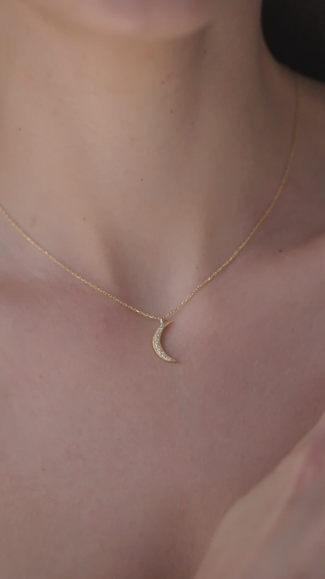 14K Gold Crescent Moon Necklace, Lab Diamond Pave Moon Pendant, Celestial Charm, Dainty Gift for Her