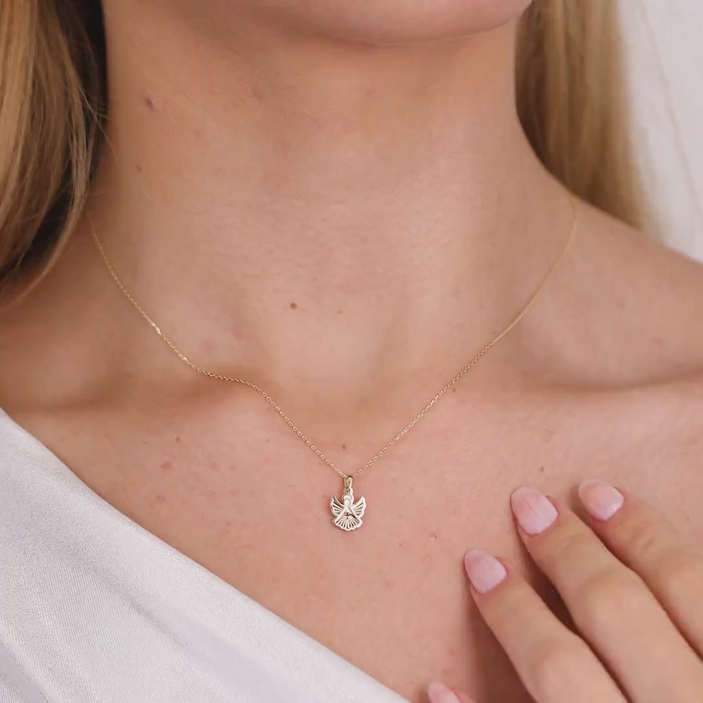 14K Gold Guardian Angel Necklace, Diamond Cut Angel Cross Pendant, Faith Charm, Baptism Confirmation Gift for Her