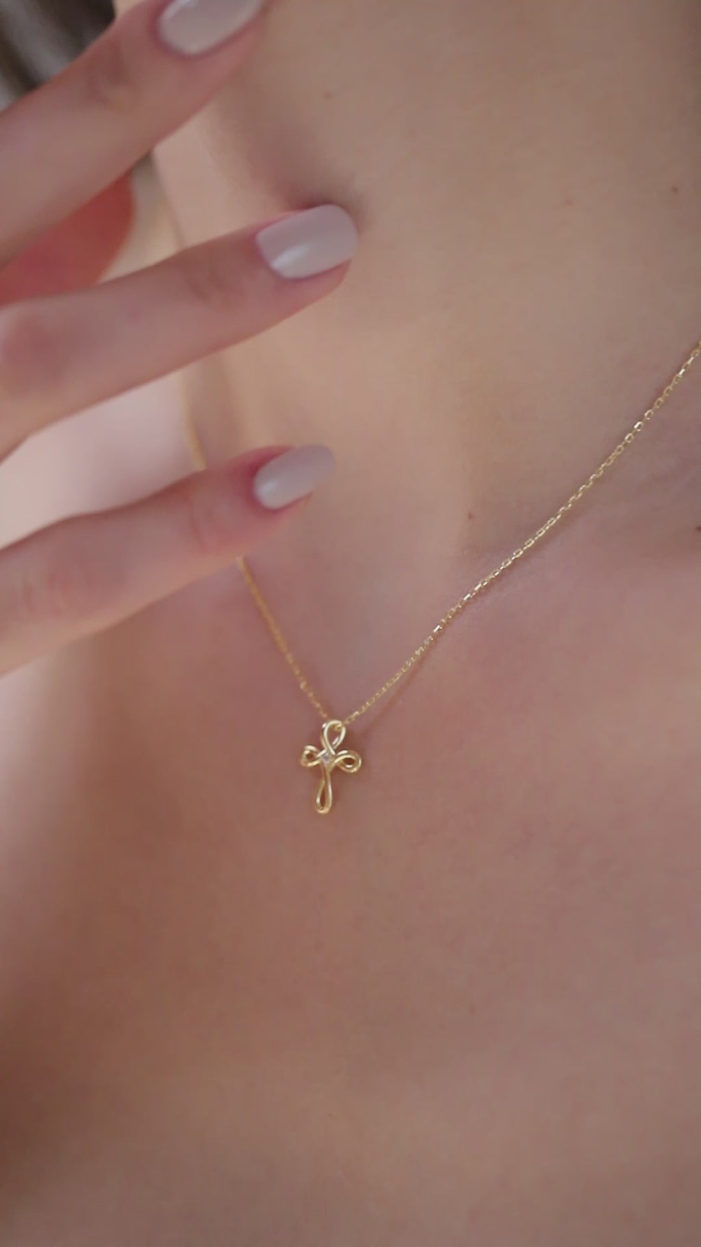 14K Gold Loop Cross Necklace, Diamond Center Swirl Cross Pendant, Elegant Faith Charm, Gift for Her