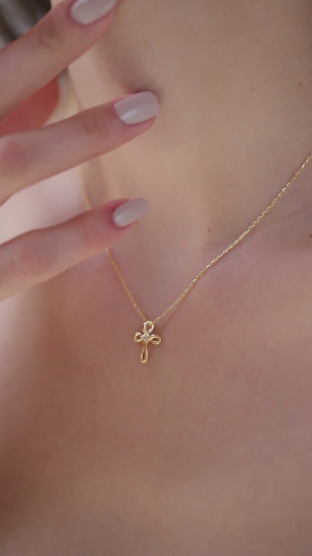 14K Gold Loop Cross Necklace, Diamond Center Swirl Cross Pendant, Elegant Faith Charm, Gift for Her