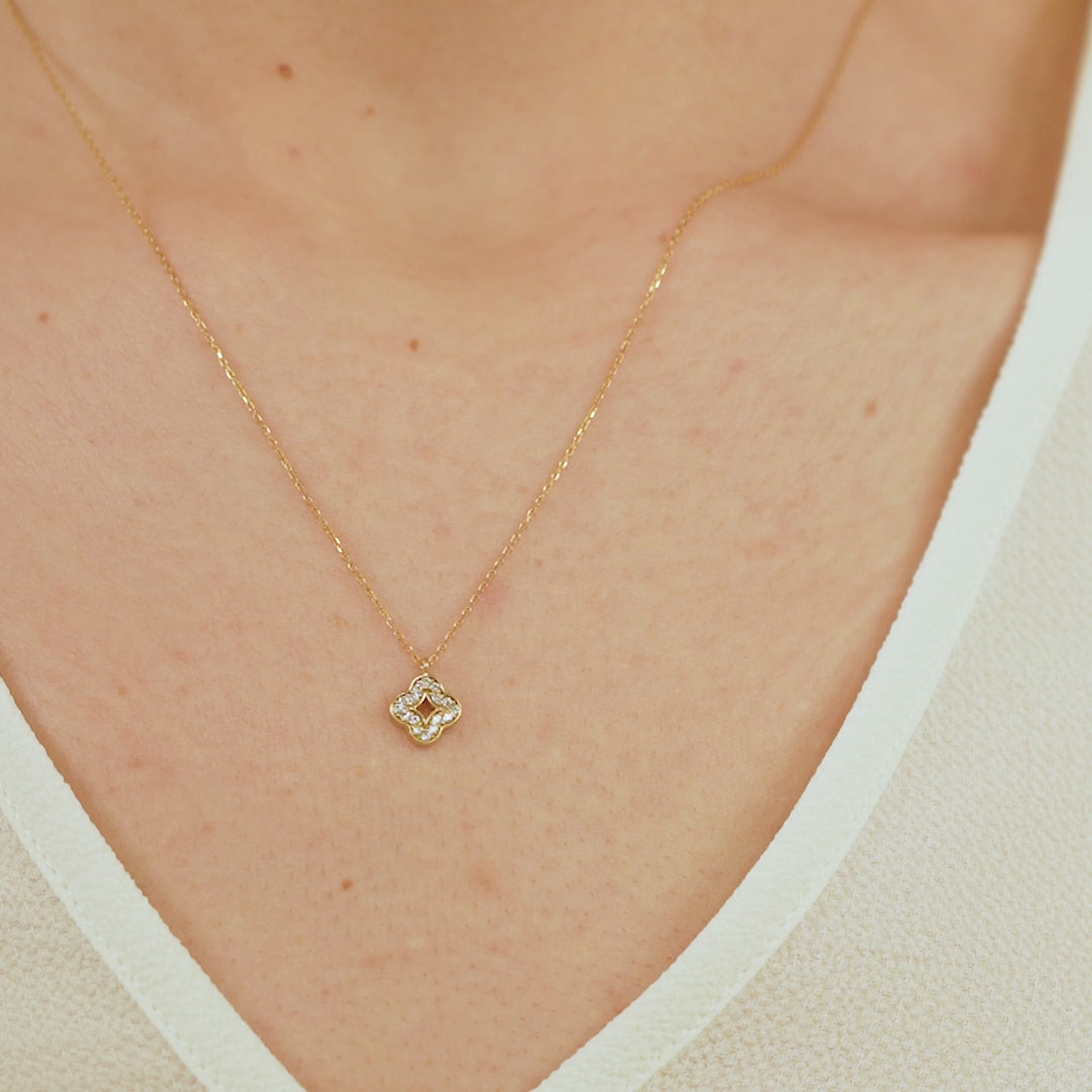 14K Gold Lab Diamond Clover Necklace, Open Center Quatrefoil Pendant, Sparkling Clover Charm, Gift for Her