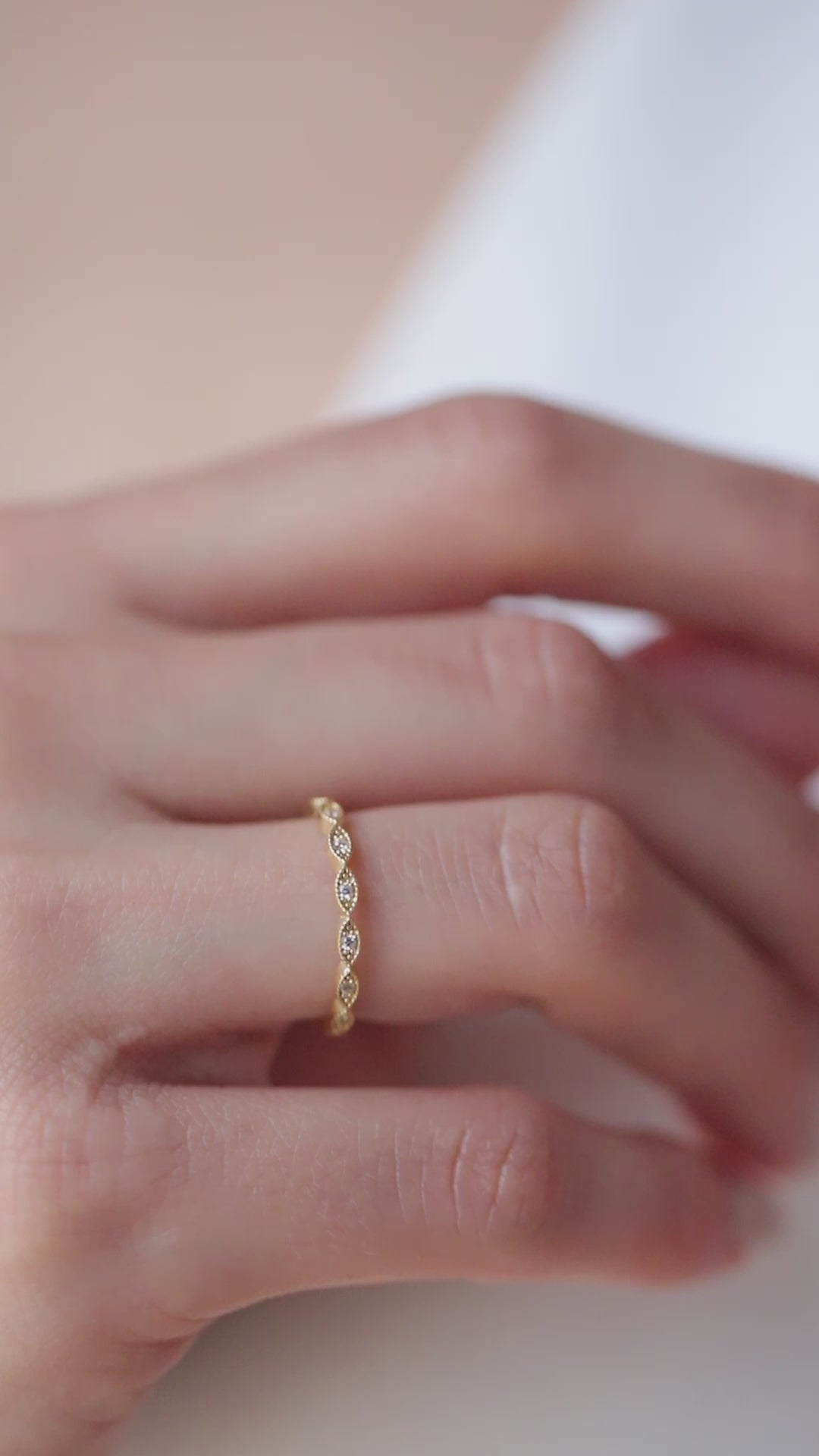 14K Gold Eternity Ring, Vintage Marquise Lab Diamond Band, Milgrain Stacking Ring, Antique Style Ring, Gift for Her