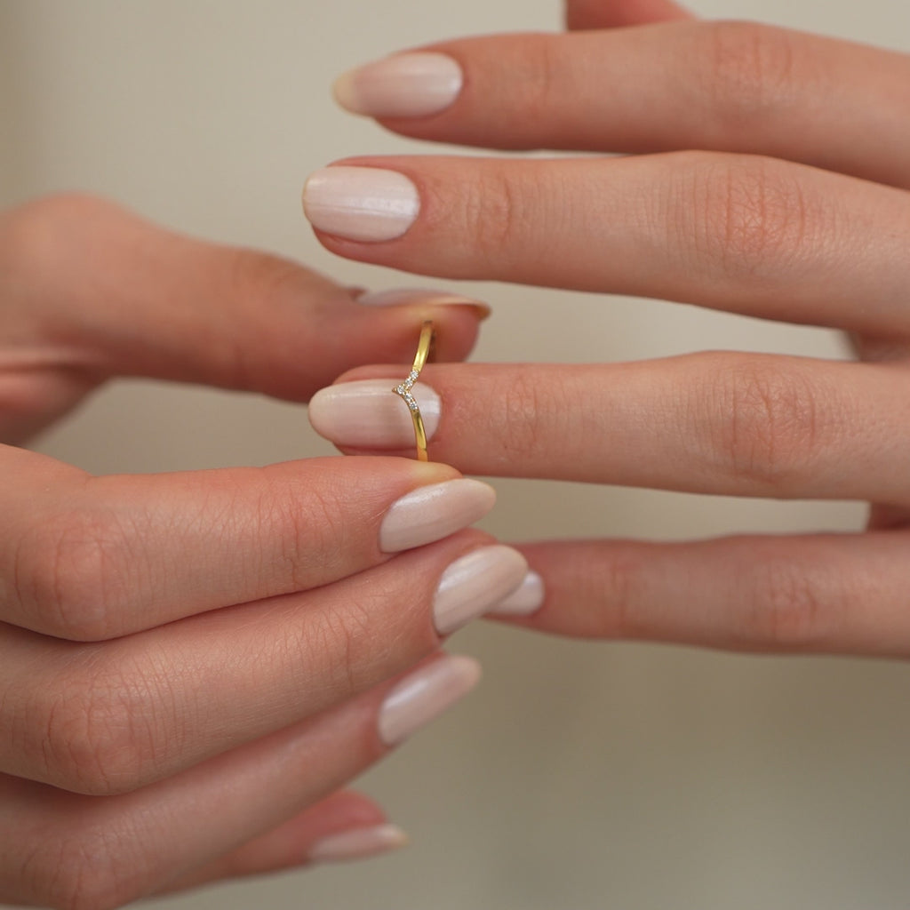 14K Gold Chevron Lab Diamond Ring, Wishbone Stacking Ring, Pave V Shape Ring, Delicate Pointed Ring, Gift for Her