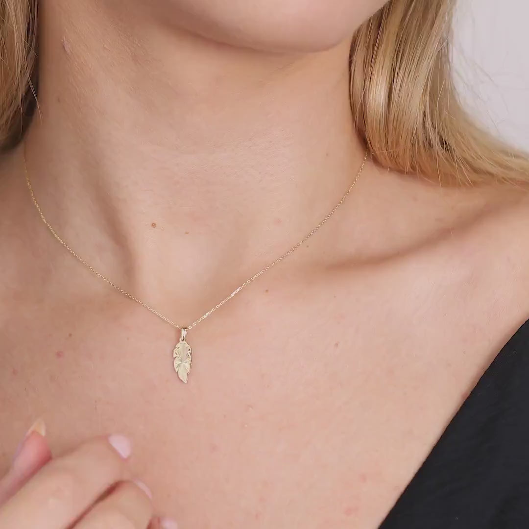 14K Gold Feather Necklace, Diamond Cut Leaf Pendant, Dainty Nature Charm, Boho Everyday Jewelry, Gift for Her