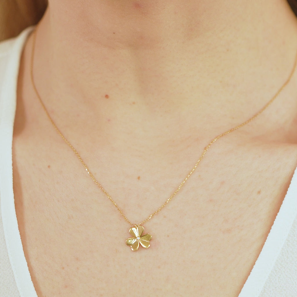 14K Gold Four Leaf Clover Necklace, Diamond Center Clover Pendant, Puffy Petal Charm, Lucky Gift for Her