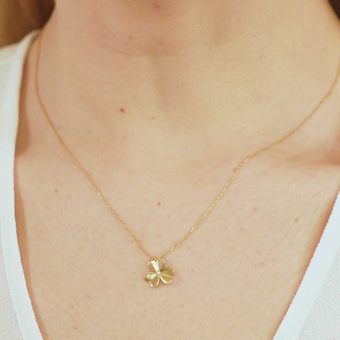 14K Gold Four Leaf Clover Necklace, Diamond Center Clover Pendant, Puffy Petal Charm, Lucky Gift for Her
