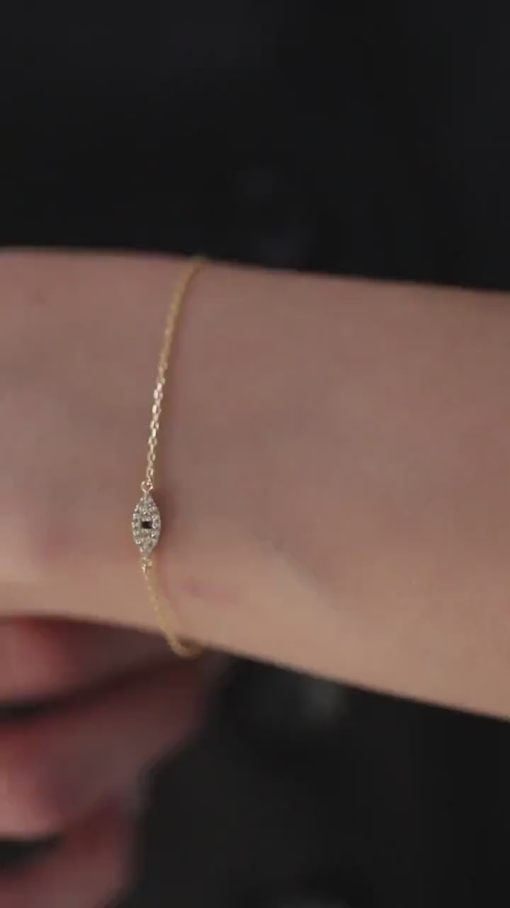 14K Gold Evil Eye Bracelet, Pave Lab Diamond Sapphire Eye Chain Bracelet, Protection Symbol Jewelry, Delicate Everyday Bracelet